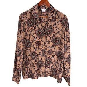 Talbots Women's Brown Pure Silk Collared Floral Paisley Print Button Front Shirt
